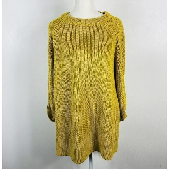 All:Row Crewneck Pullover Hi Low Step Hem Side Slit Sweater Yellow Gold Marigold - Picture 1 of 5